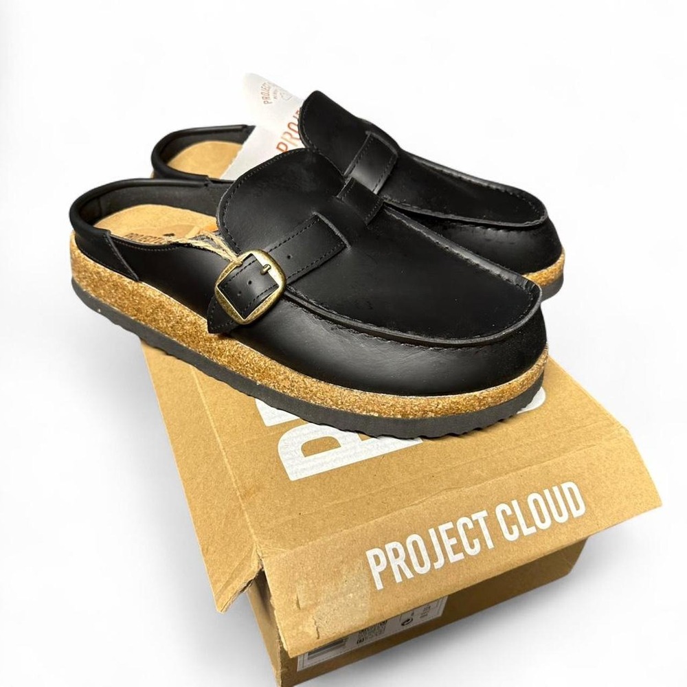 Project Cloud Leather Clogs 10 Black Cork Sole Memory Foam Mules Buckle
